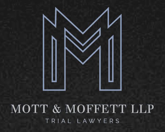 A black and white logo of the law firm mott & moffett llp.